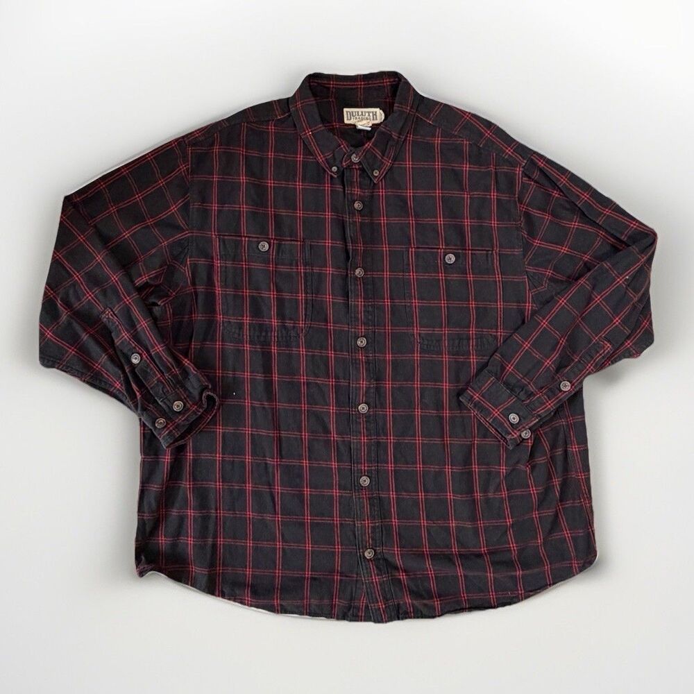 Duluth Trading Co 2XL Button Front Black/Red Plaid Flannel Shirt 100% Cotton